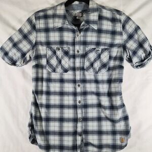 Carhartt Women's Plaid Button Up Shirt Small Gray Blue Short Sleeve Workwear